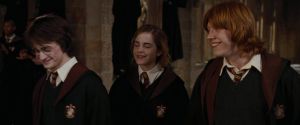 An image of the three main characters from left; Harry, Hermione and Ron